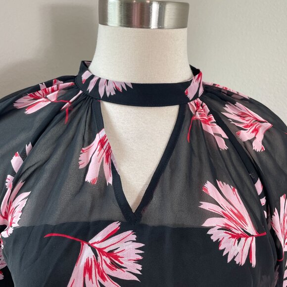 NEW Express Womens Small Floral Chiffon Blouse Long Sleeve Peplum Shirt Top - Picture 2 of 8